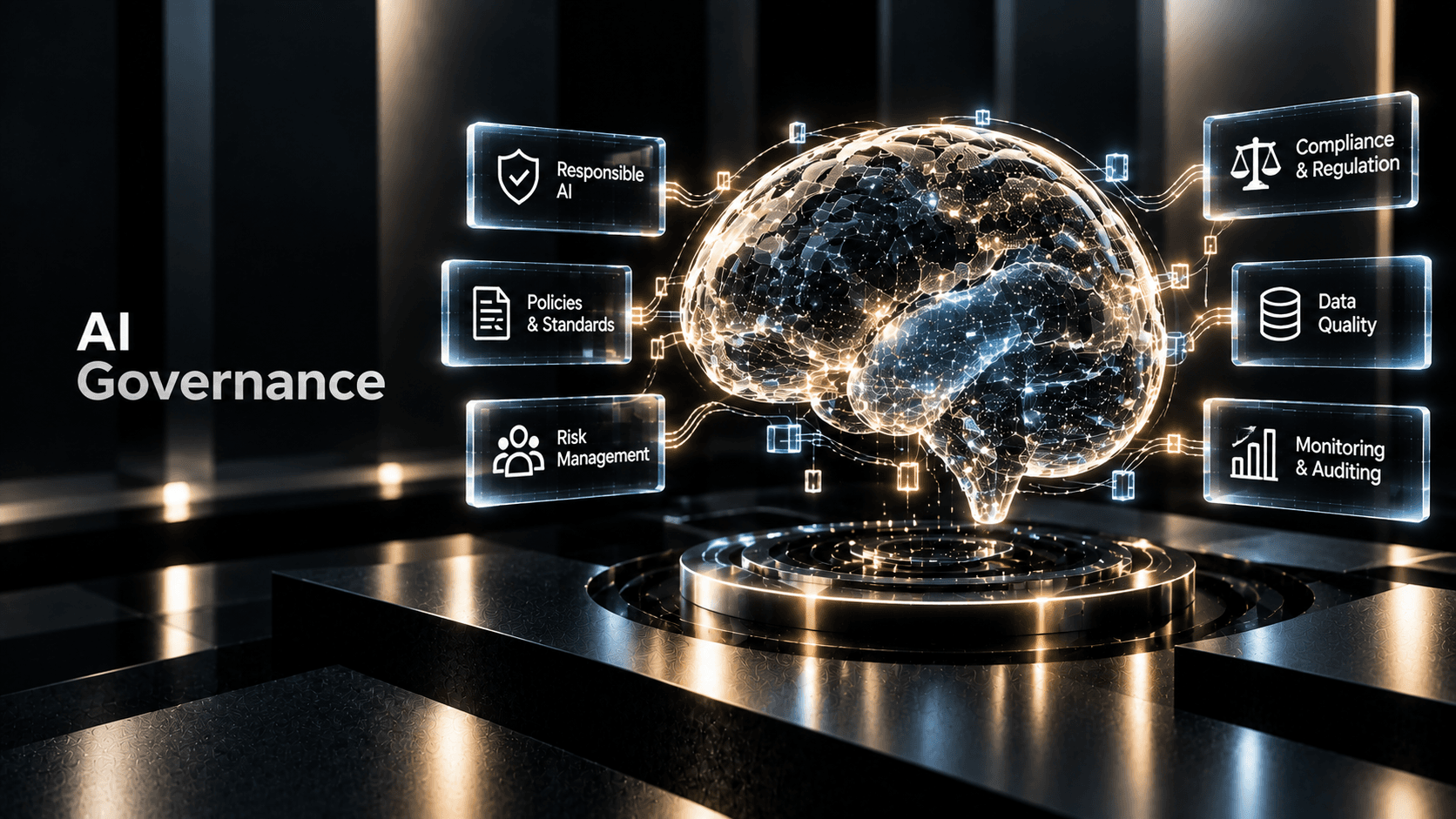 AI Data Governance visual showing an AI system connected to enterprise controls for data quality, lineage, risk, compliance and access.
