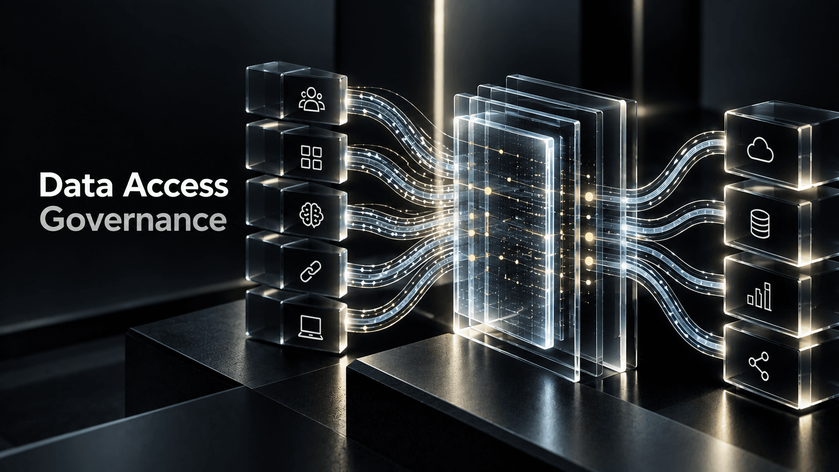 Data Access Governance visual showing enterprise systems and identities connected through a transparent governance control layer.