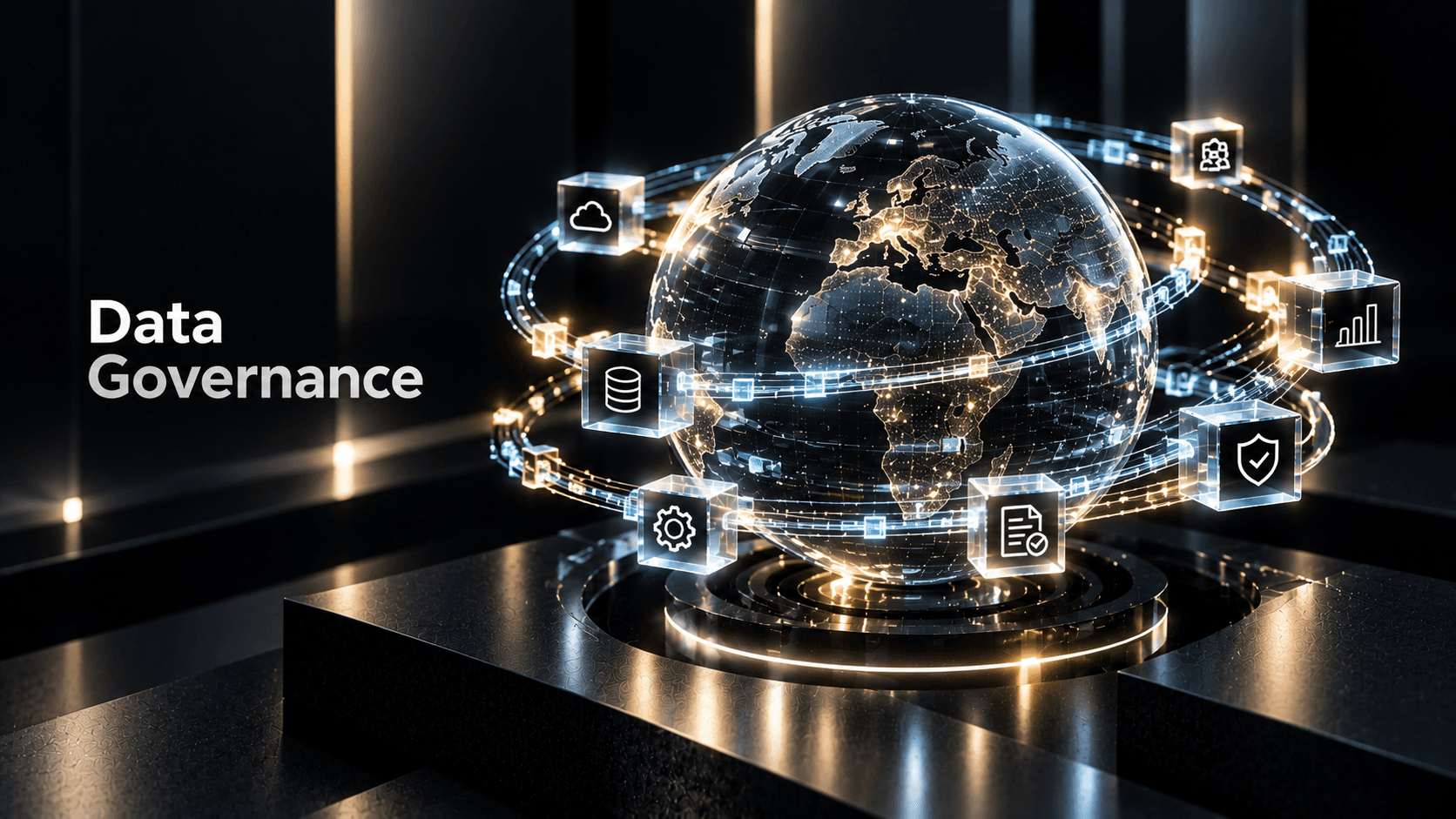 Data Governance visual showing enterprise data, policy, security, analytics and cloud systems connected around a governed global data environment.