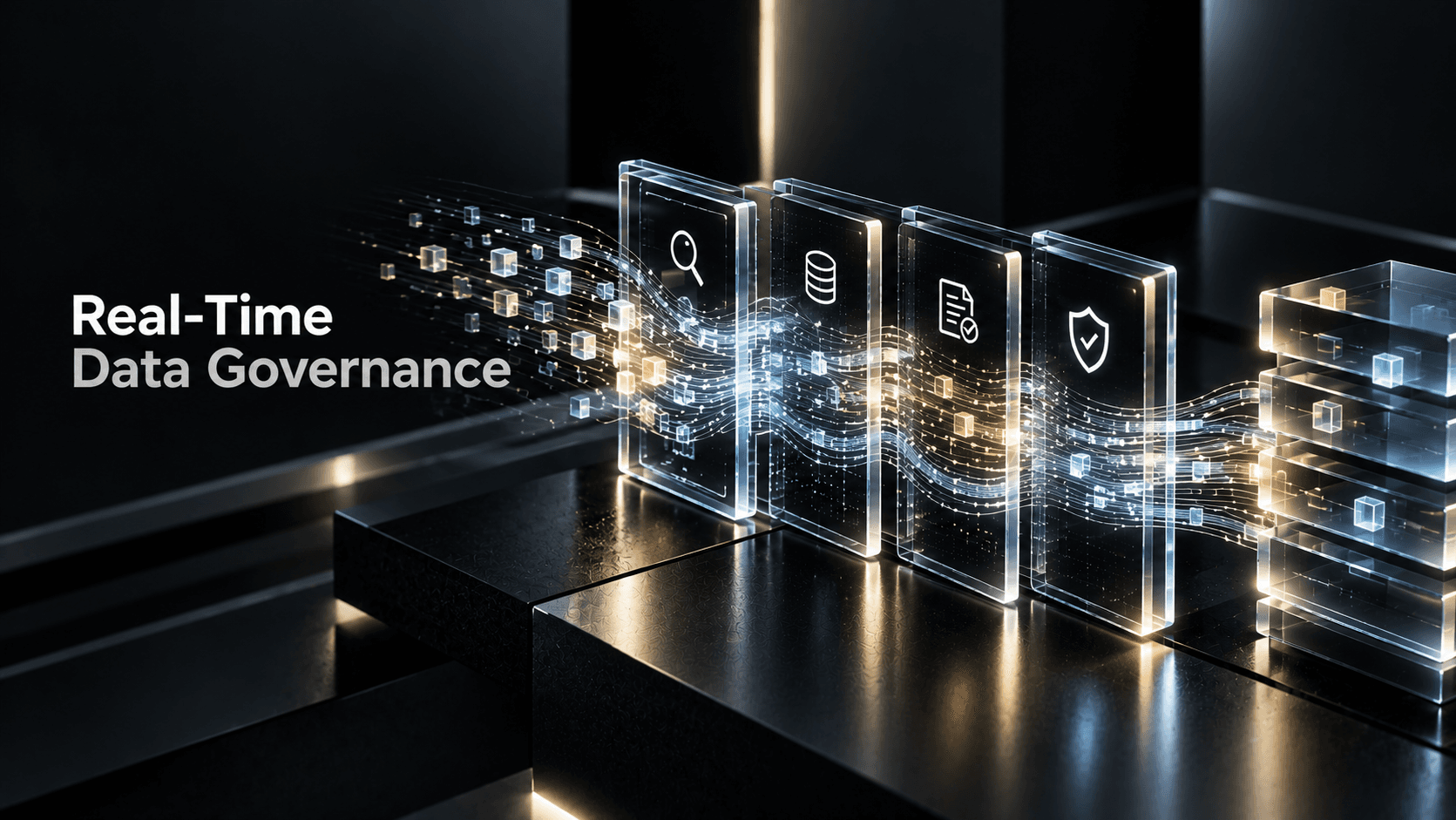 Real-Time Data Governance visual showing live data streams passing through transparent governance controls for discovery, policy evaluation and protection.