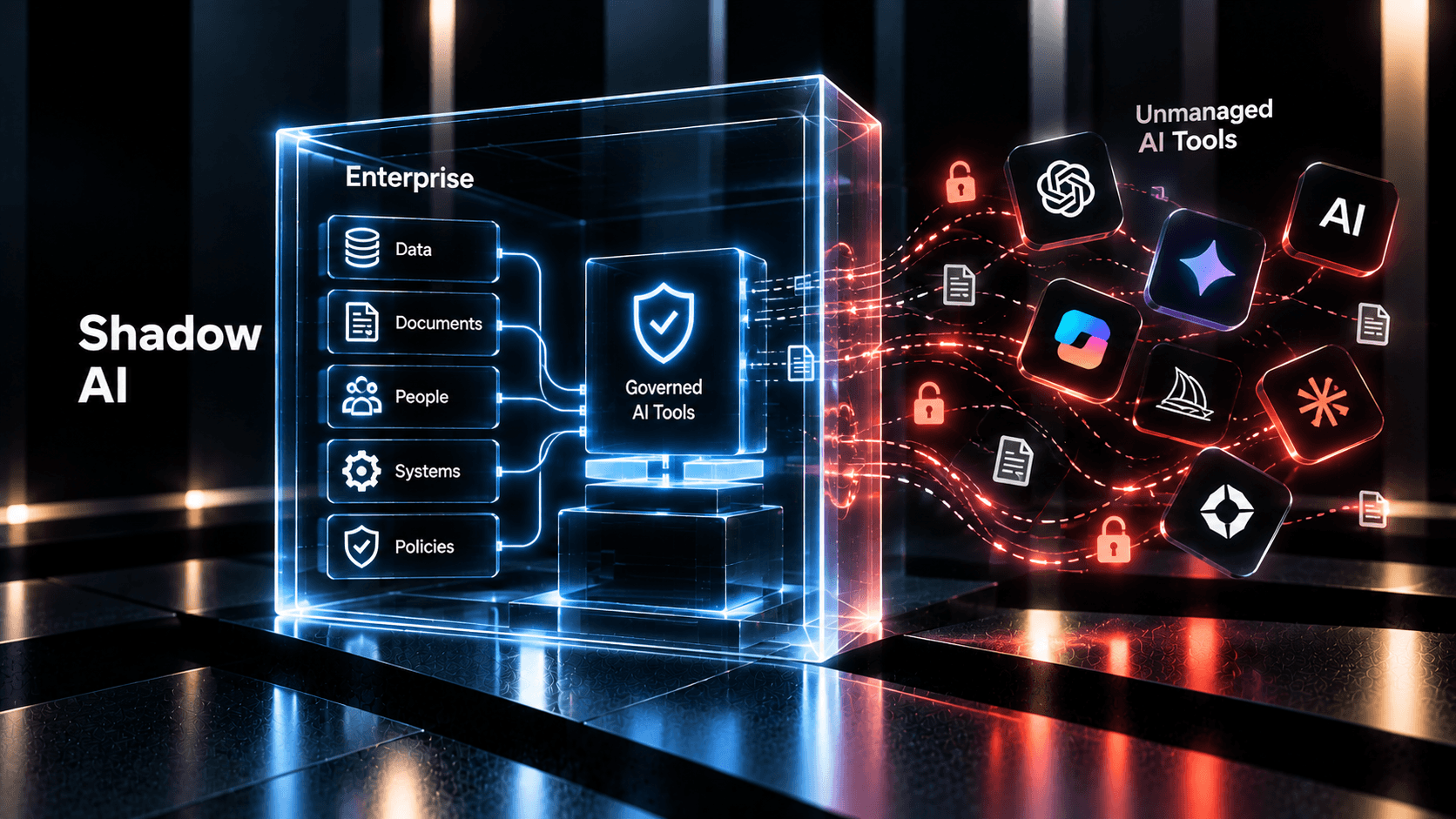 Shadow AI visual contrasting governed enterprise AI inside a controlled boundary with unmanaged AI tools operating outside organisational oversight.